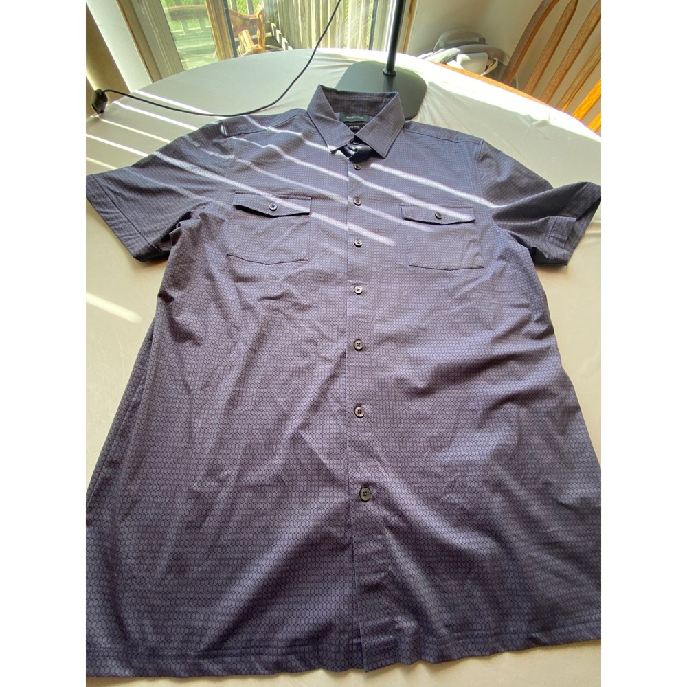 Bugatchi Mens Indigo Geometric Honeycomb 8 Way Stretch SS Button Down Shirt XL
